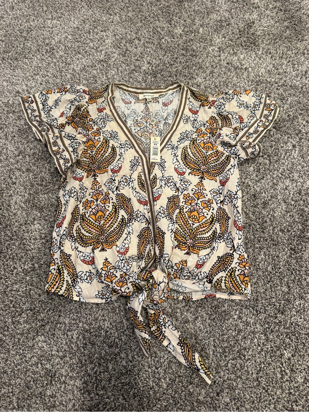 Max Studio XS Floral Tie Front Blouse NWT Flutter Sleeve Cotton Rayon MSRP $195